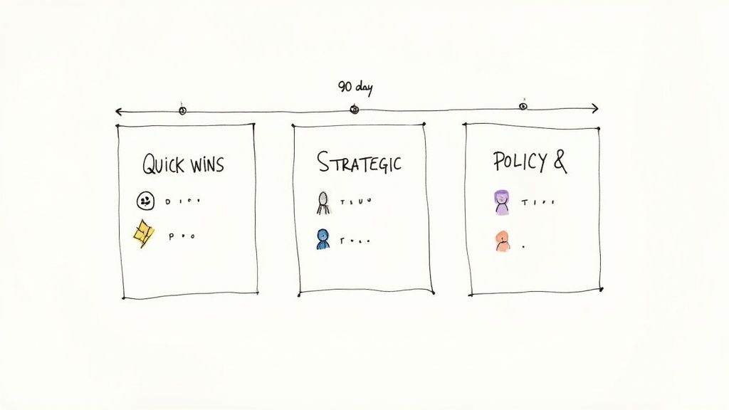 A hand-drawn whiteboard displays a 90-day timeline, categorizing tasks into quick wins, strategic goals, and policy.