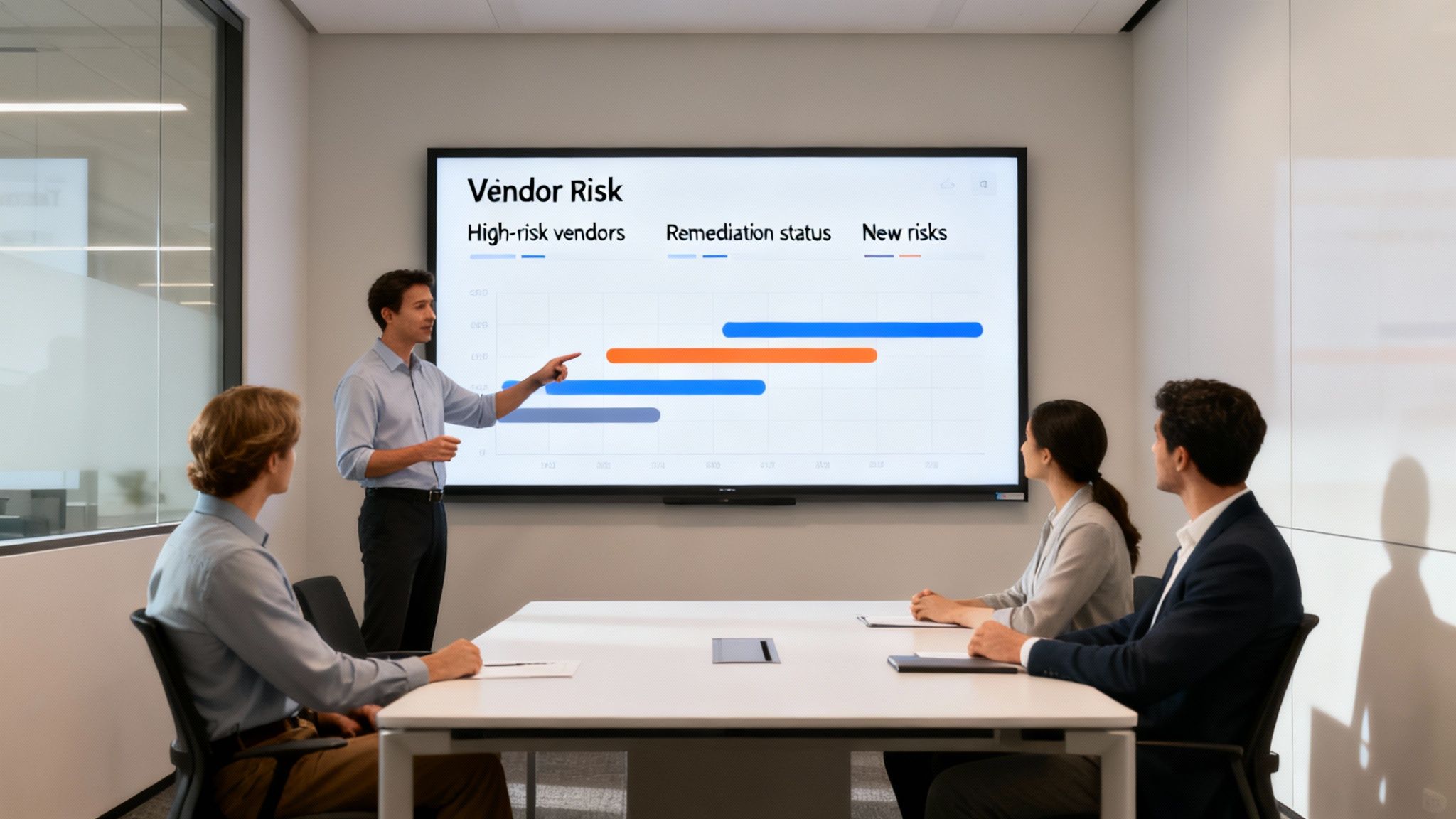 A man presents 'Vendor Risk' data on a large screen to colleagues in a modern meeting room.