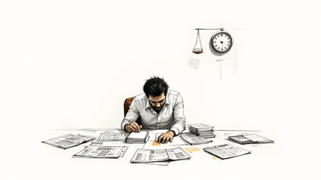 A man intensely working at a desk covered in papers, with a clock and scale nearby.