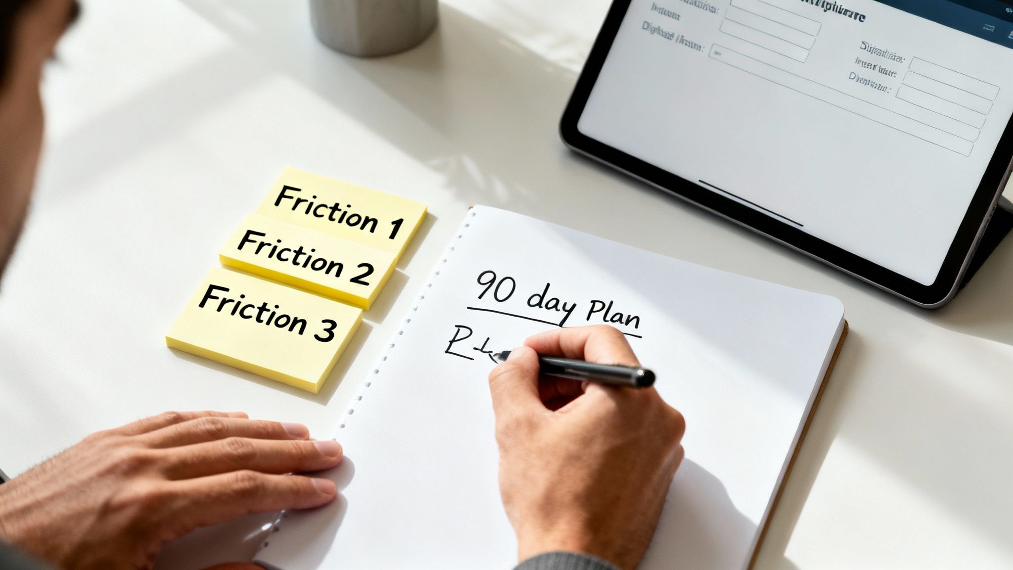 Overhead view of a person writing a '90 day Plan' in a notebook with 'Friction' sticky notes.