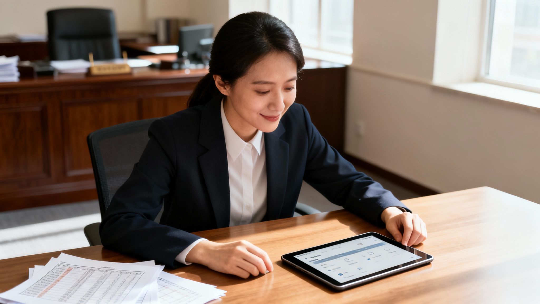 An businesswoman in a suit happily engages with a tablet device at her office desk after meeting with her fractional CIO for court services organizations