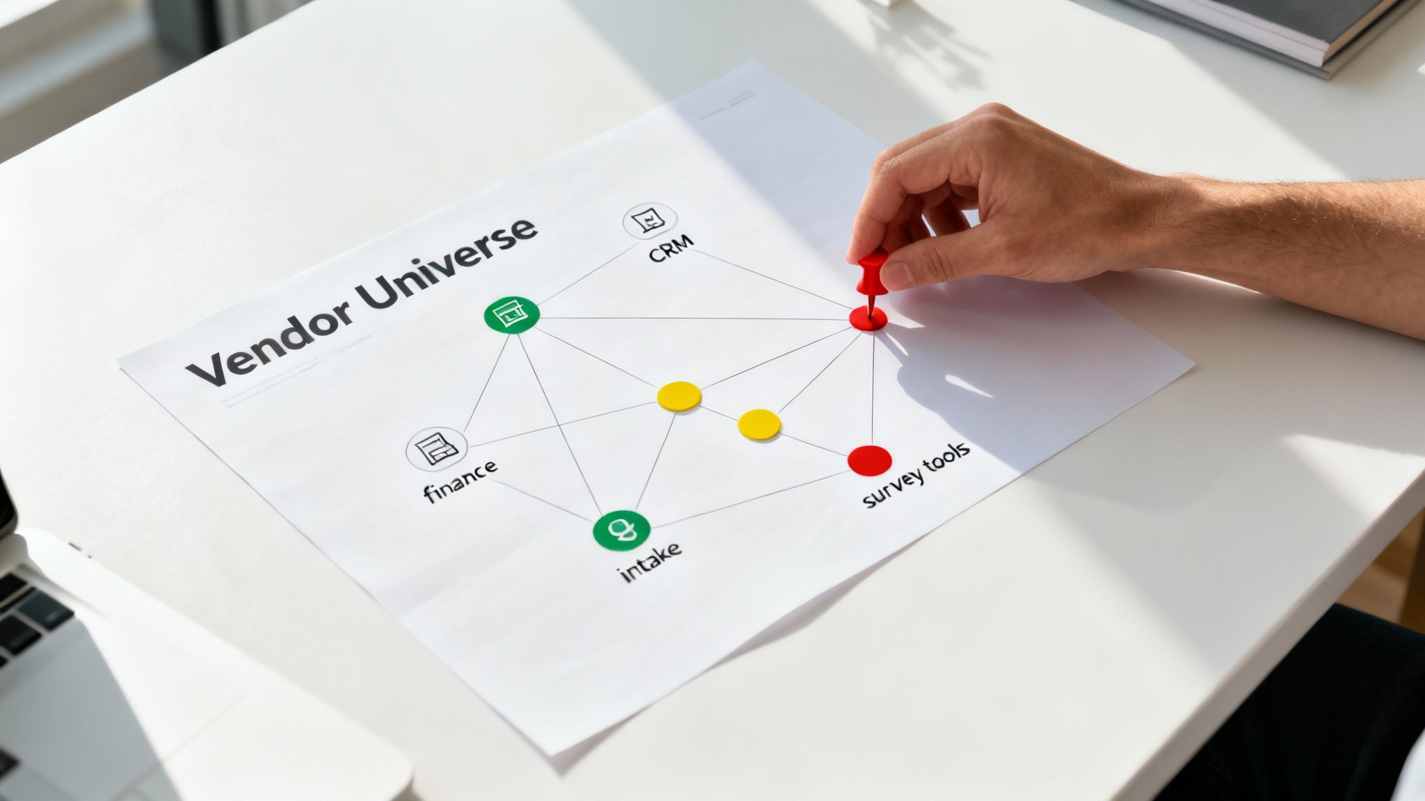 A hand places a red thumbtack on a "Vendor Universe" diagram, illustrating vendor risk management.