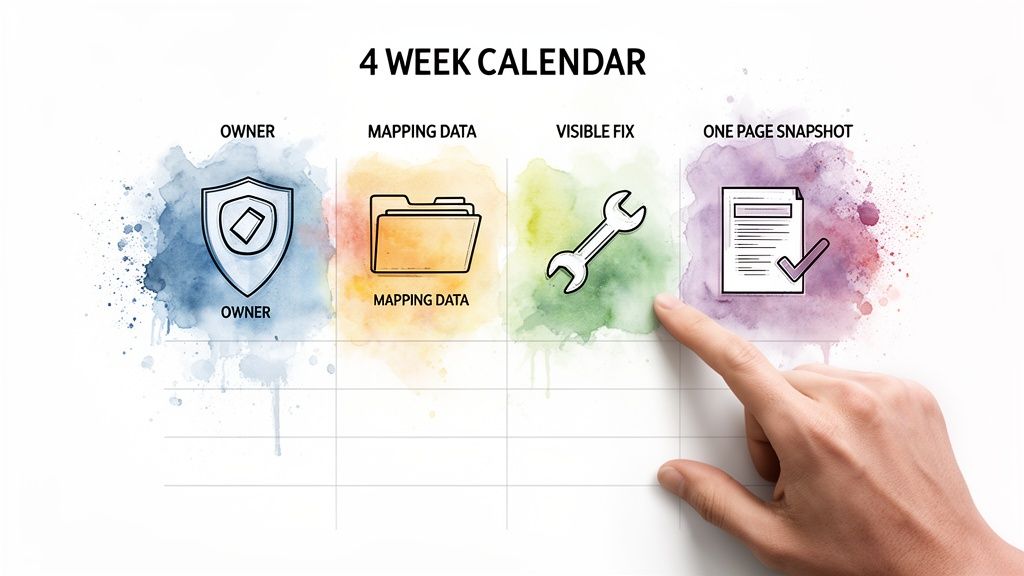 Four-week calendar with sections for owner, mapping data, visible fix, and one-page snapshot, on a watercolor background.