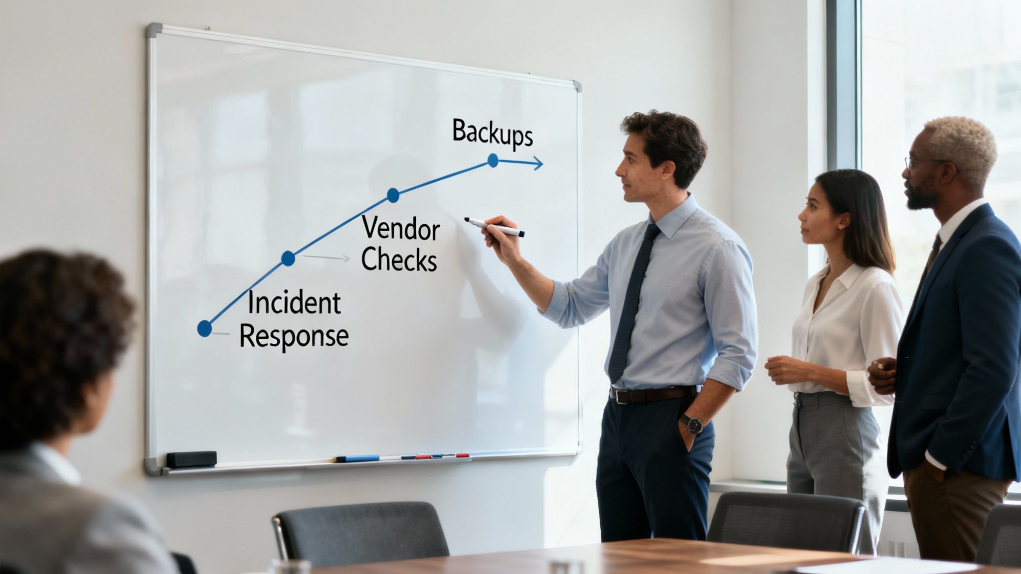 A man explains a cybersecurity process, including incident response and backups, on a whiteboard to colleagues.