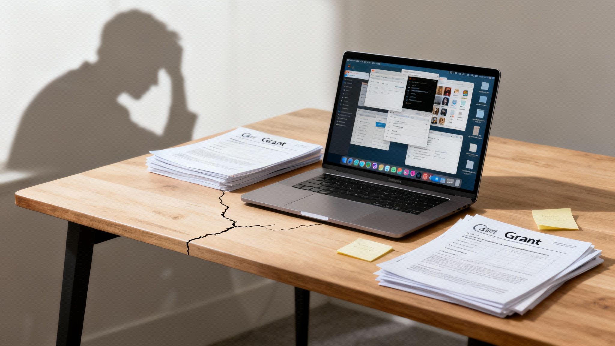 Shadow of a stressed person behind a desk with a laptop, grant documents, and sticky notes.