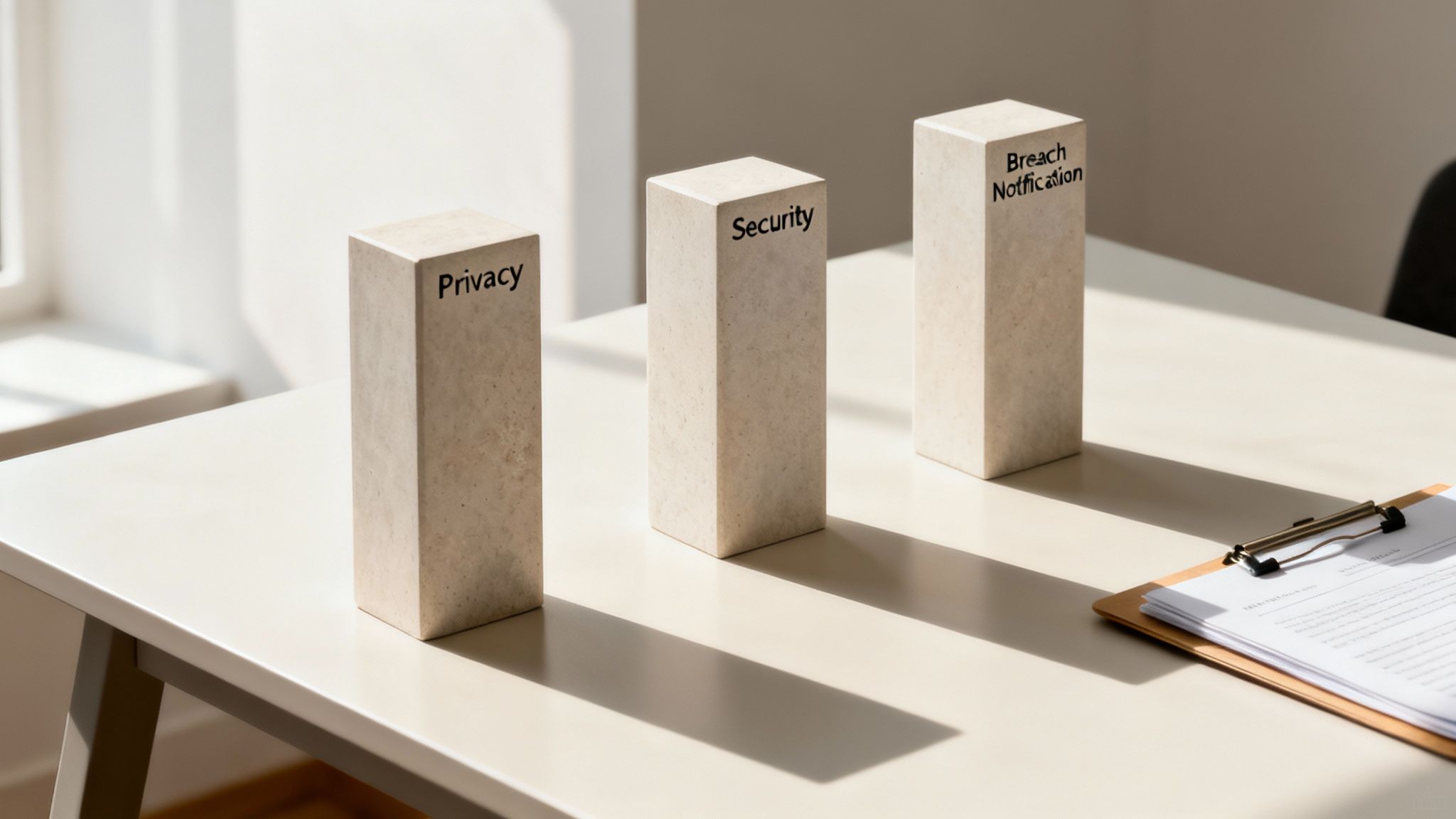 Three white blocks labeled Privacy, Security, and Breach Notification on a modern office table with a clipboard.