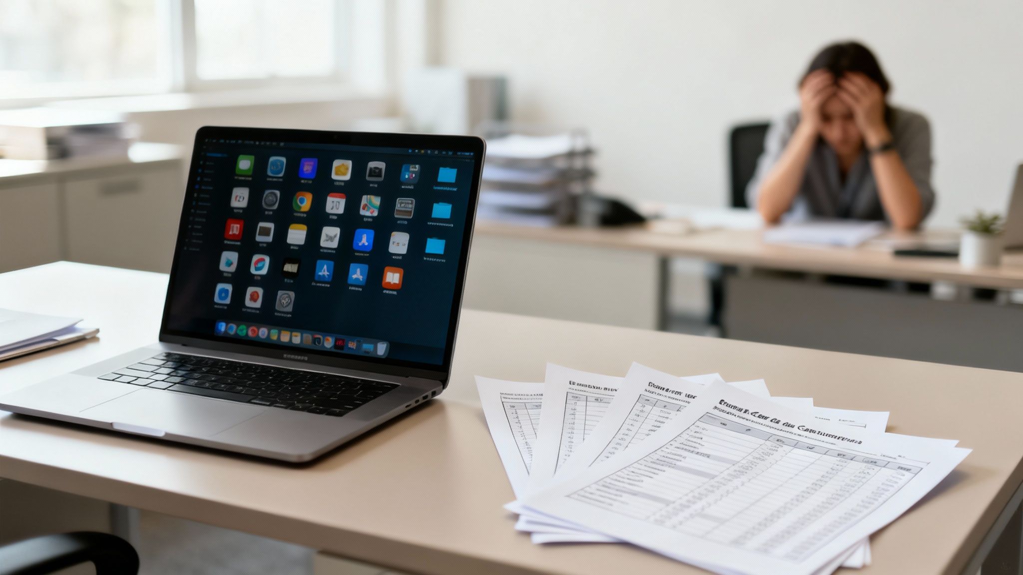A laptop showing many application icons on a desk with papers, and a stressed person in the background.