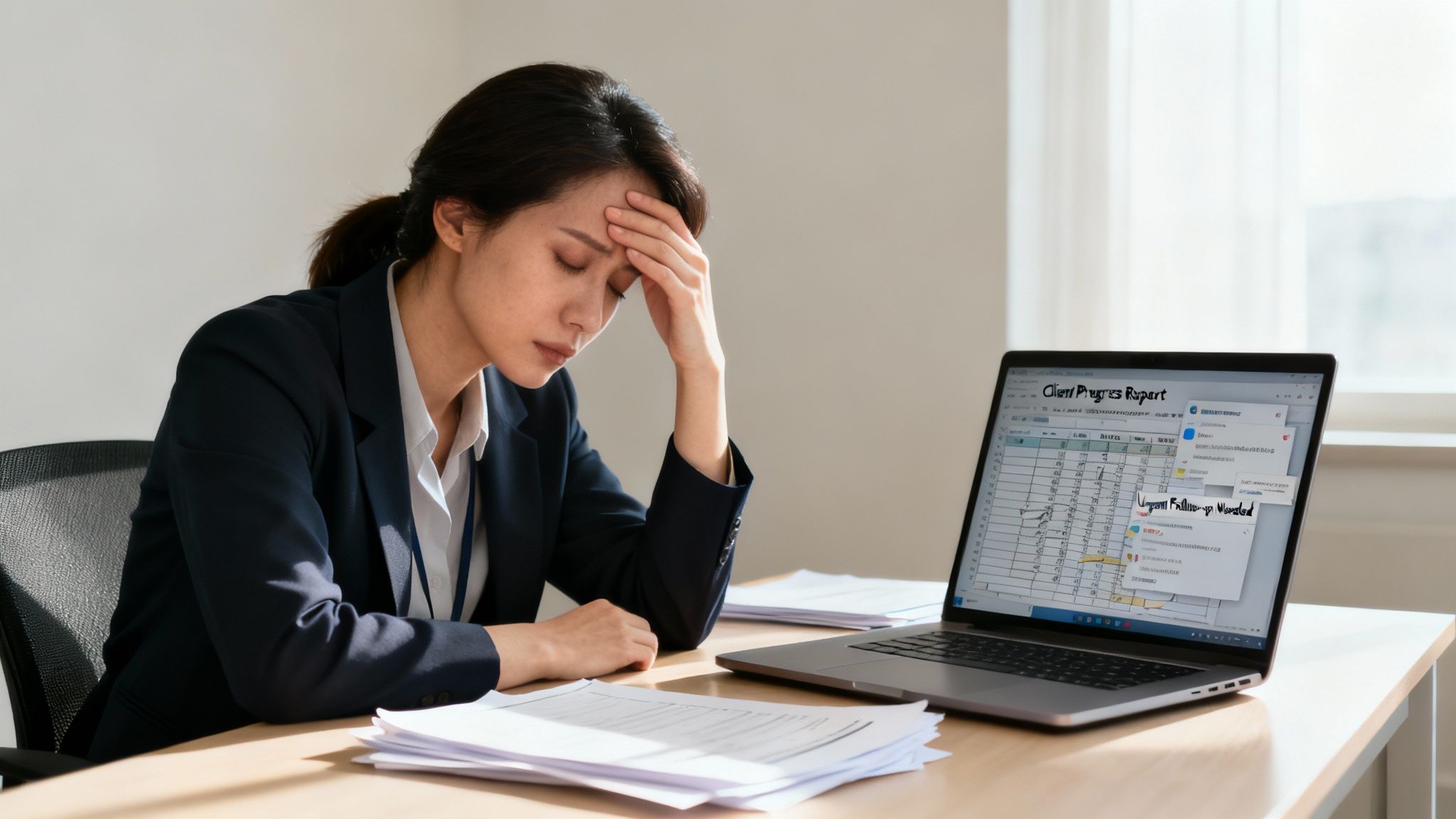 Stressed Asian businesswoman with hand on forehead at desk with laptop showing reports and papers.