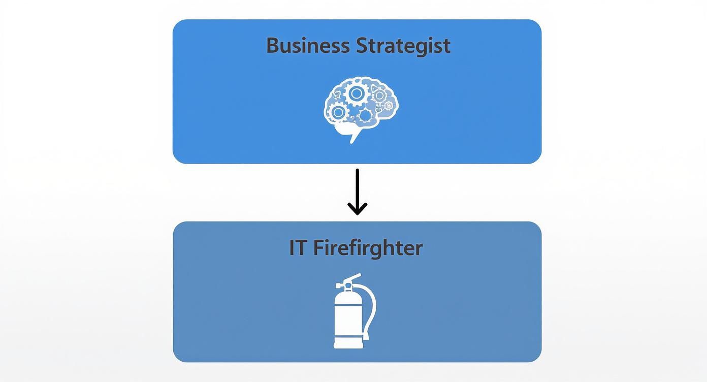 A diagram showing a Business Strategist (brain icon) leading to an IT Firefighter (fire extinguisher icon).