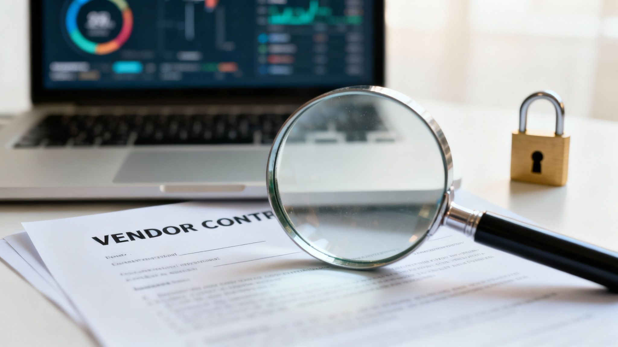 A magnifying glass rests on a 'VENDOR CONTRACT' document, with a laptop showing data and a padlock nearby.