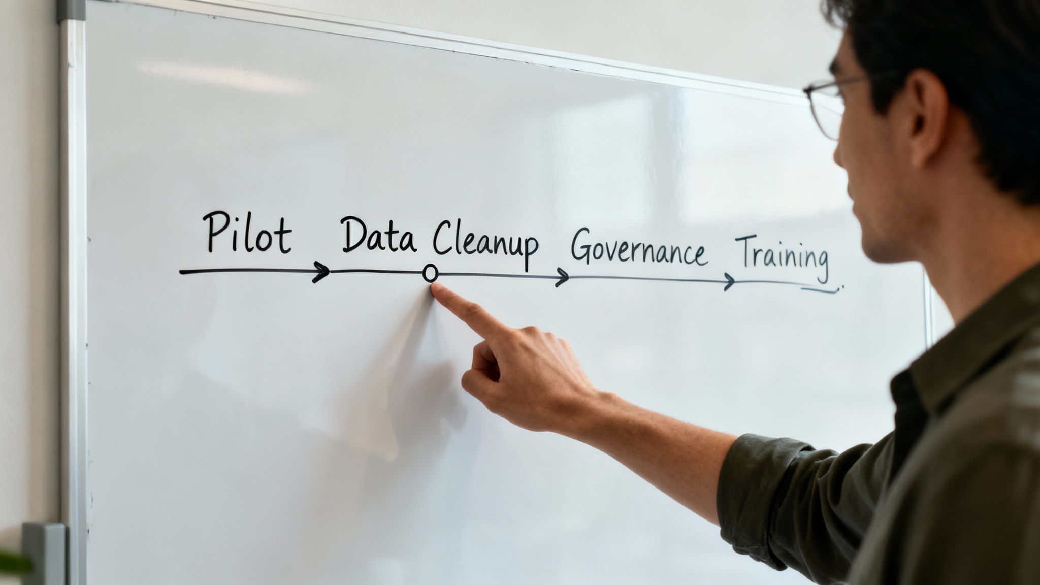 A man in glasses points to the 'Data Cleanup' stage on a project timeline whiteboard.
