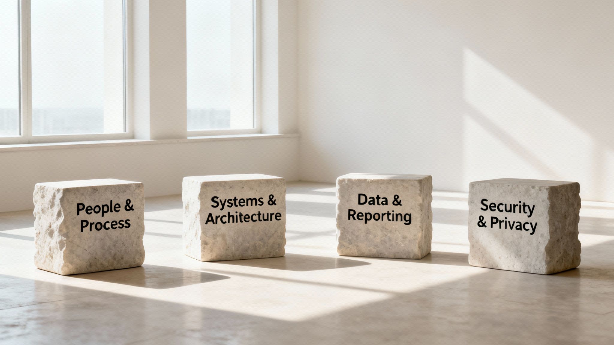 Four stone blocks inscribed with 'People & Process,' 'Systems & Architecture,' 'Data & Reporting,' 'Security & Privacy,' in a sunlit room that demonstrates technical due diligence steps