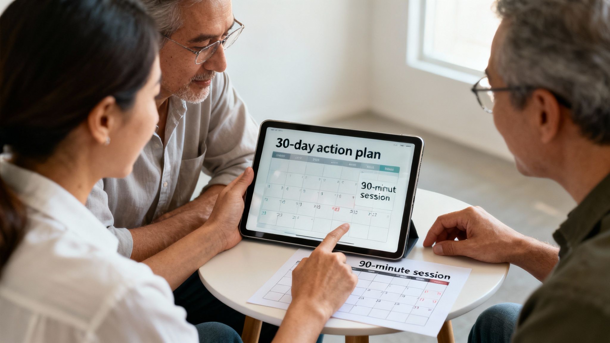 Three people discuss a 30-day action plan on based on uncovering hidden time sinks in nonprofit operations on a tablet and paper calendar during a session.