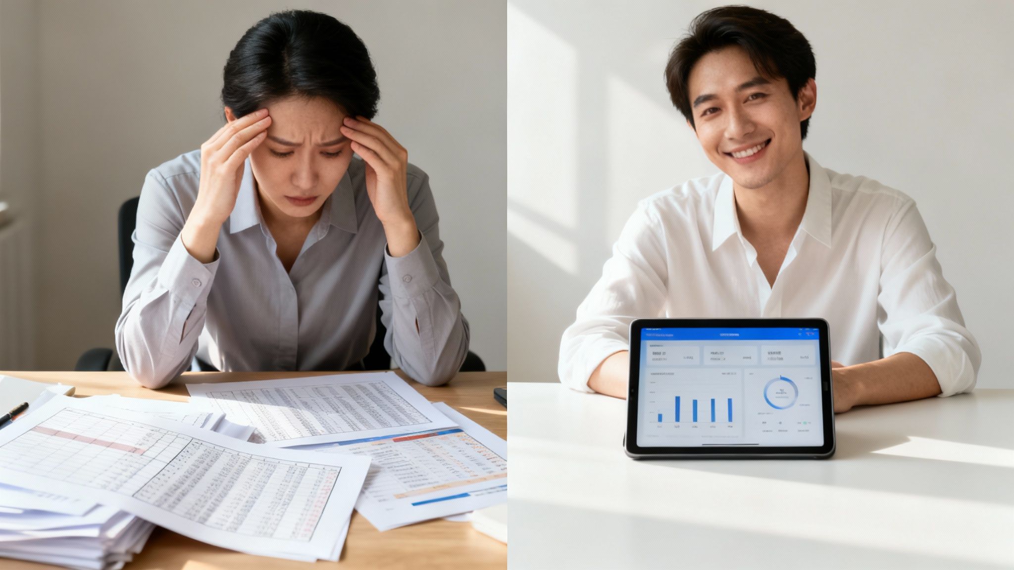 A stressed woman with physical papers and a happy man with digital data on a tablet.
