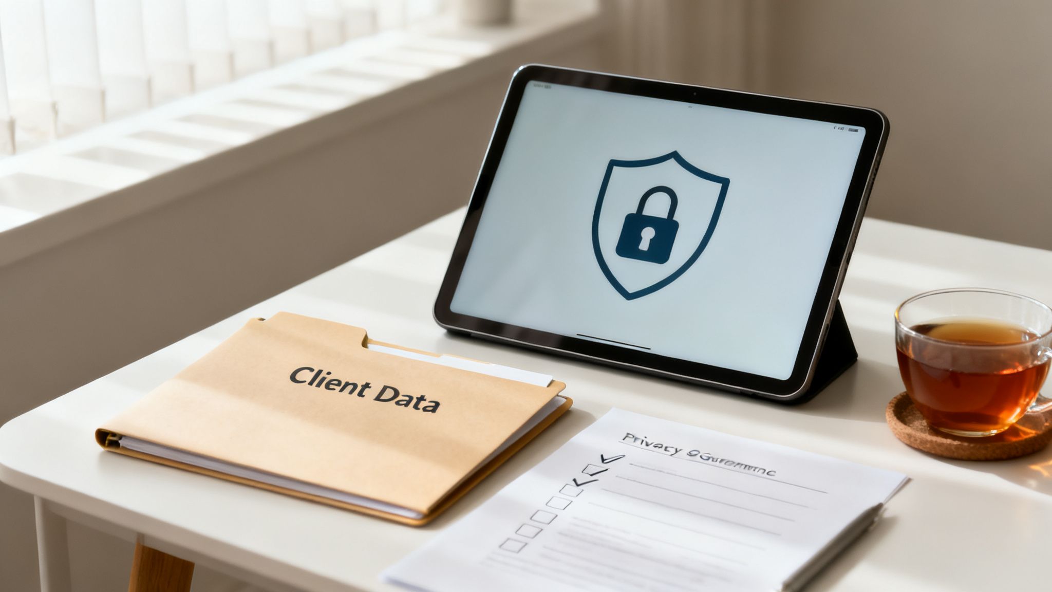 A tablet displays a security shield and padlock icon next to a folder labeled 'Client Data' and privacy documents.