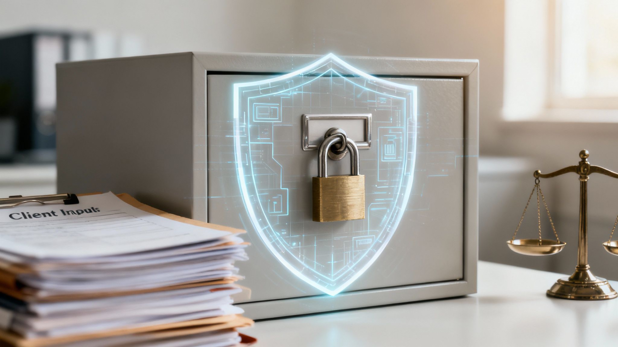 A locked cabinet with a digital security shield, client documents, and scales of justice.