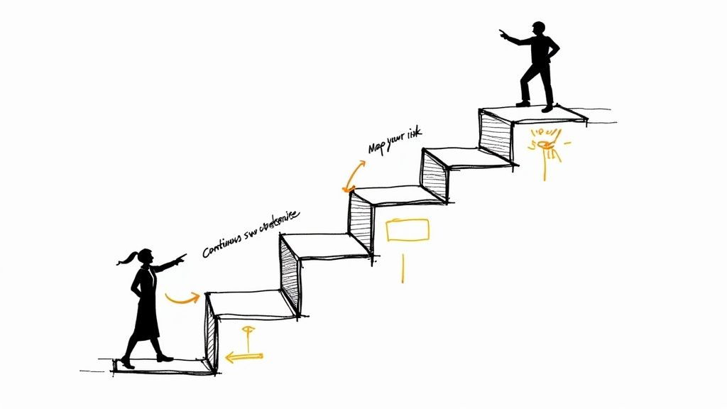 Two silhouettes on a winding staircase illustrating continuous compliance and risk management towards a strategic goal.