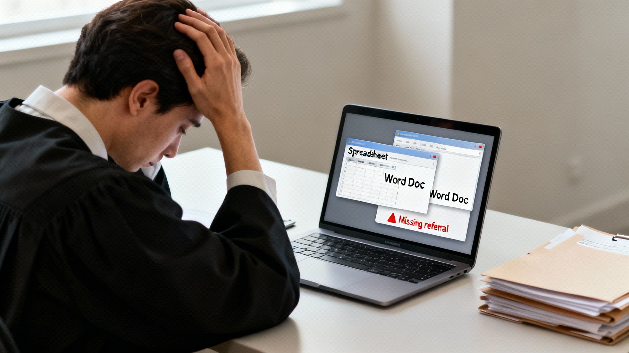 A distressed legal professional views a laptop screen showing a 'Missing referral' error and other documents.