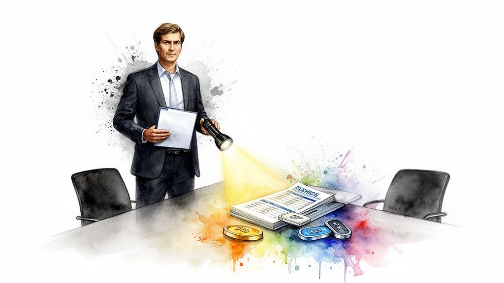 A man in a suit shines a flashlight on business documents and coins on a table.