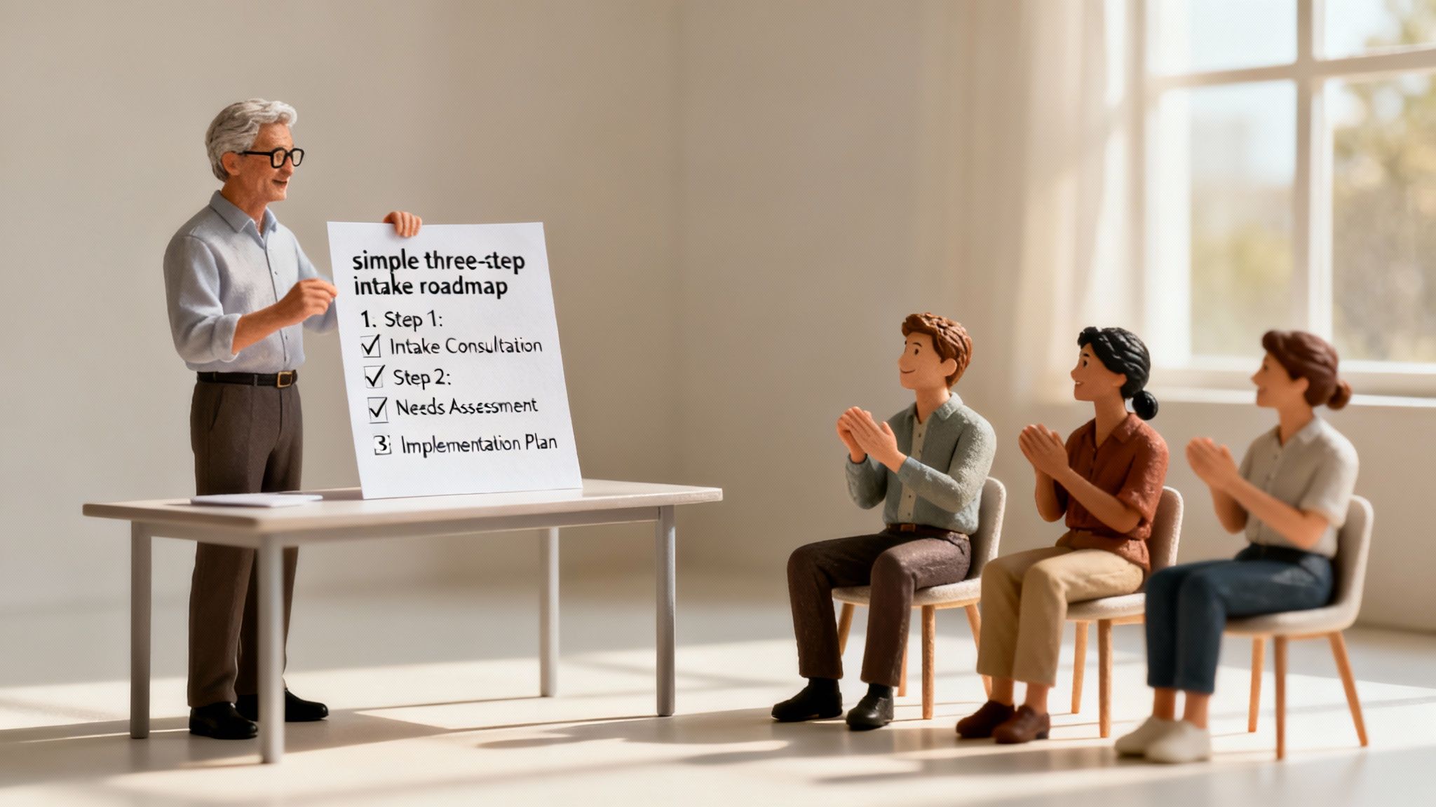 Miniature figures: a consultant presents an "intake roadmap" to three clapping attendees in a meeting.
