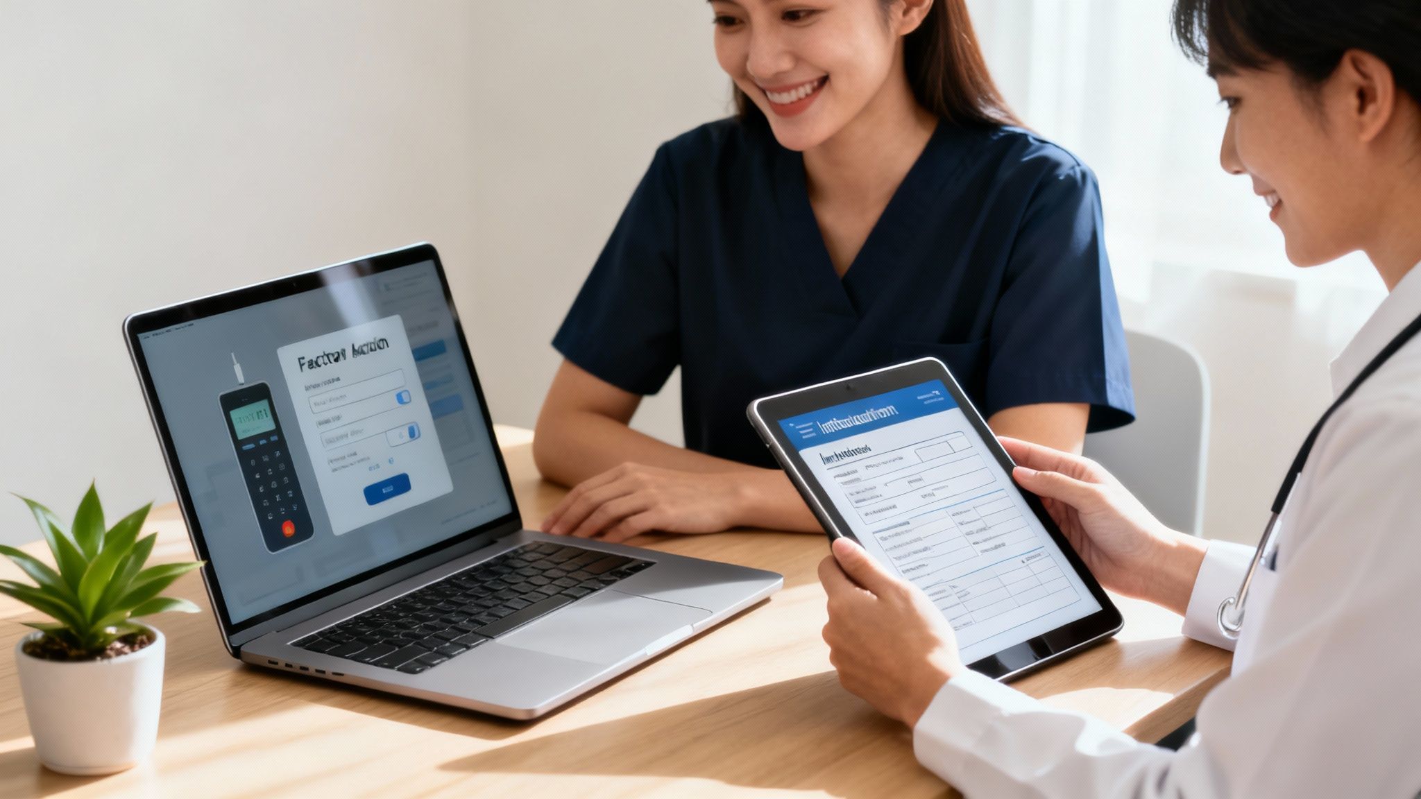 Two healthcare professionals collaborating on patient data using a laptop and a digital tablet, smiling.