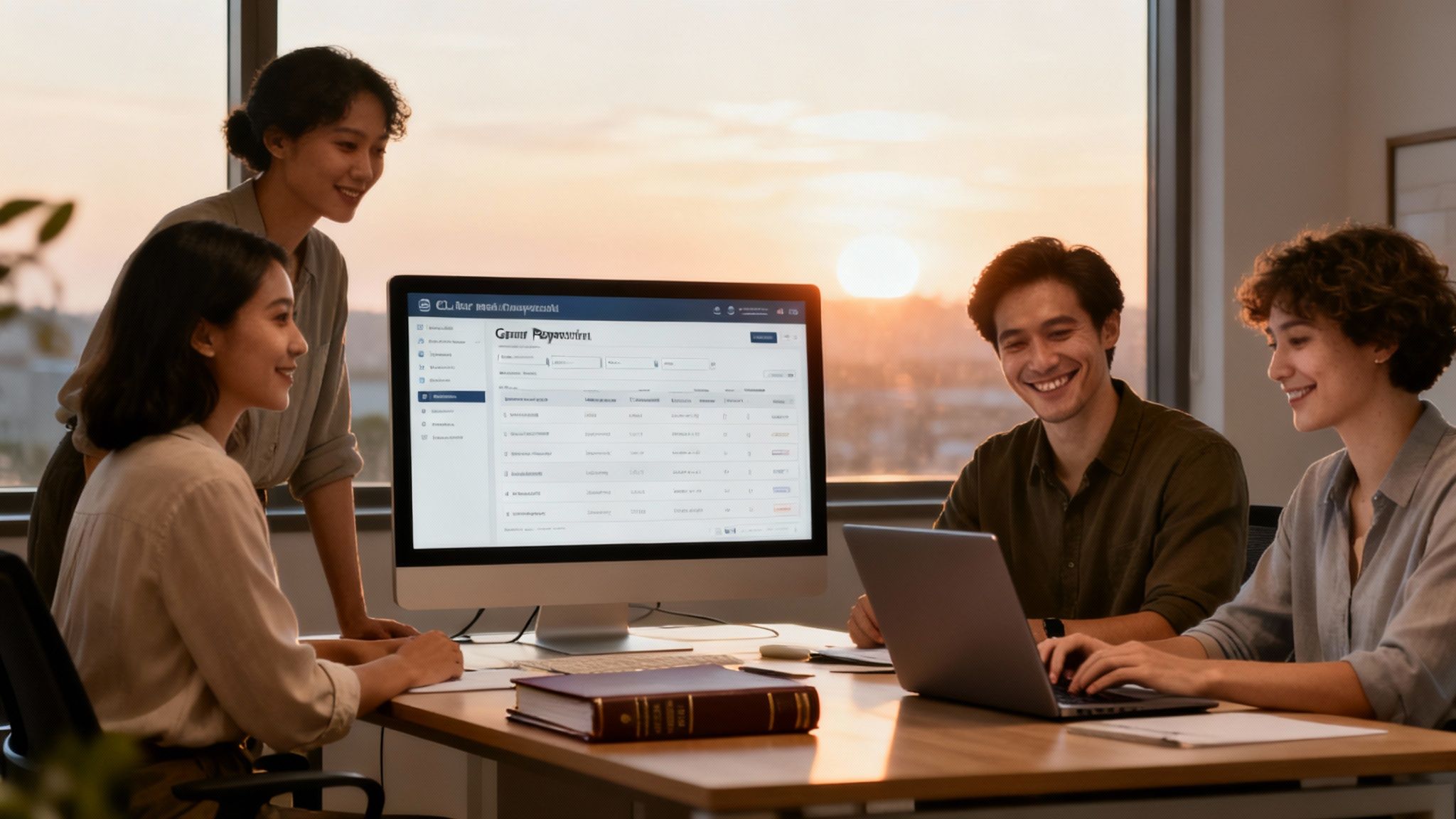 Four smiling professionals collaborating in an office with computers and a sunny window view.