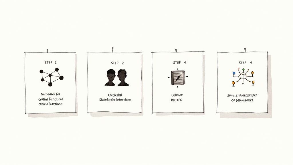 A four-step business analysis process illustration with diagrams for functions, interviews, and measurements.