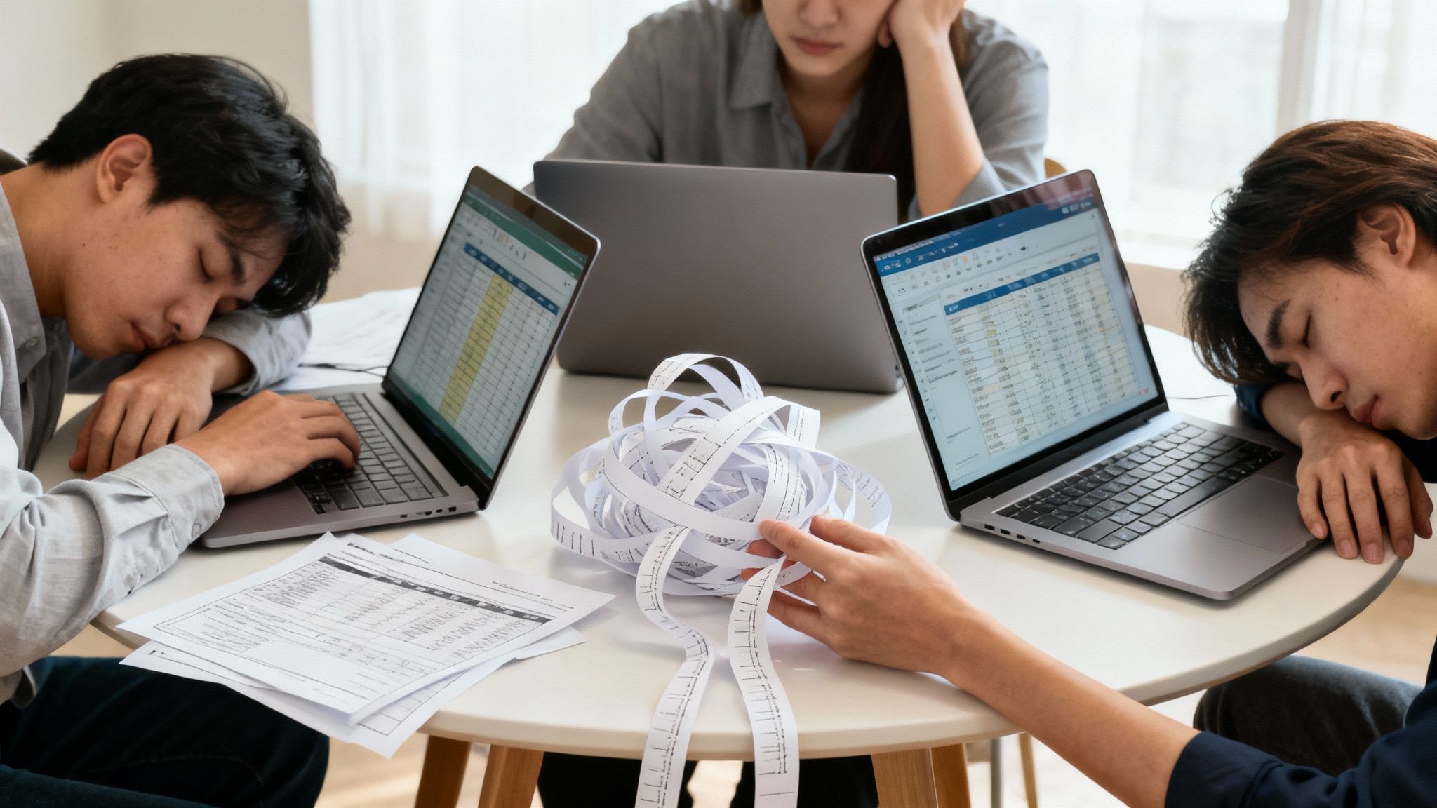 Two tired workers asleep at their laptops, while another sits thoughtfully, amidst tangled paper and spreadsheets.
