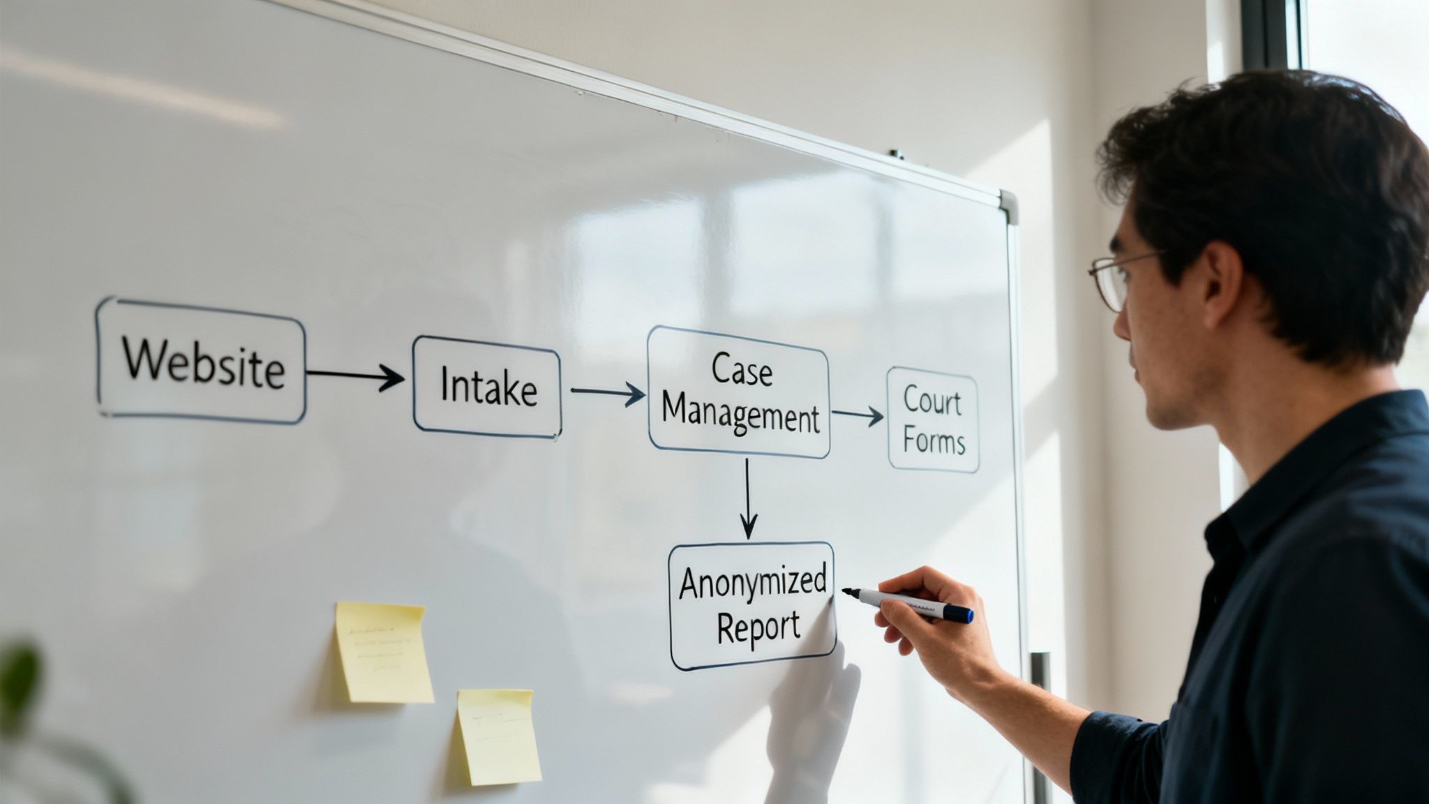 A man in glasses drawing a flowchart on a whiteboard, illustrating a data management process for legal services.