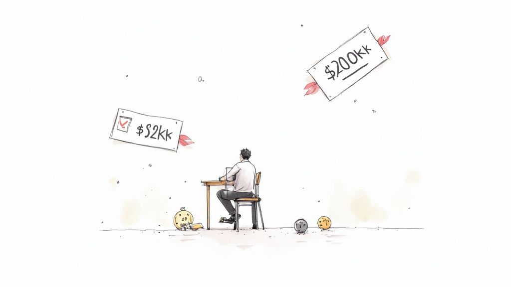 Illustration of a person working, with floating price tags showing $2kk and $200kk, symbolizing cost choices.
