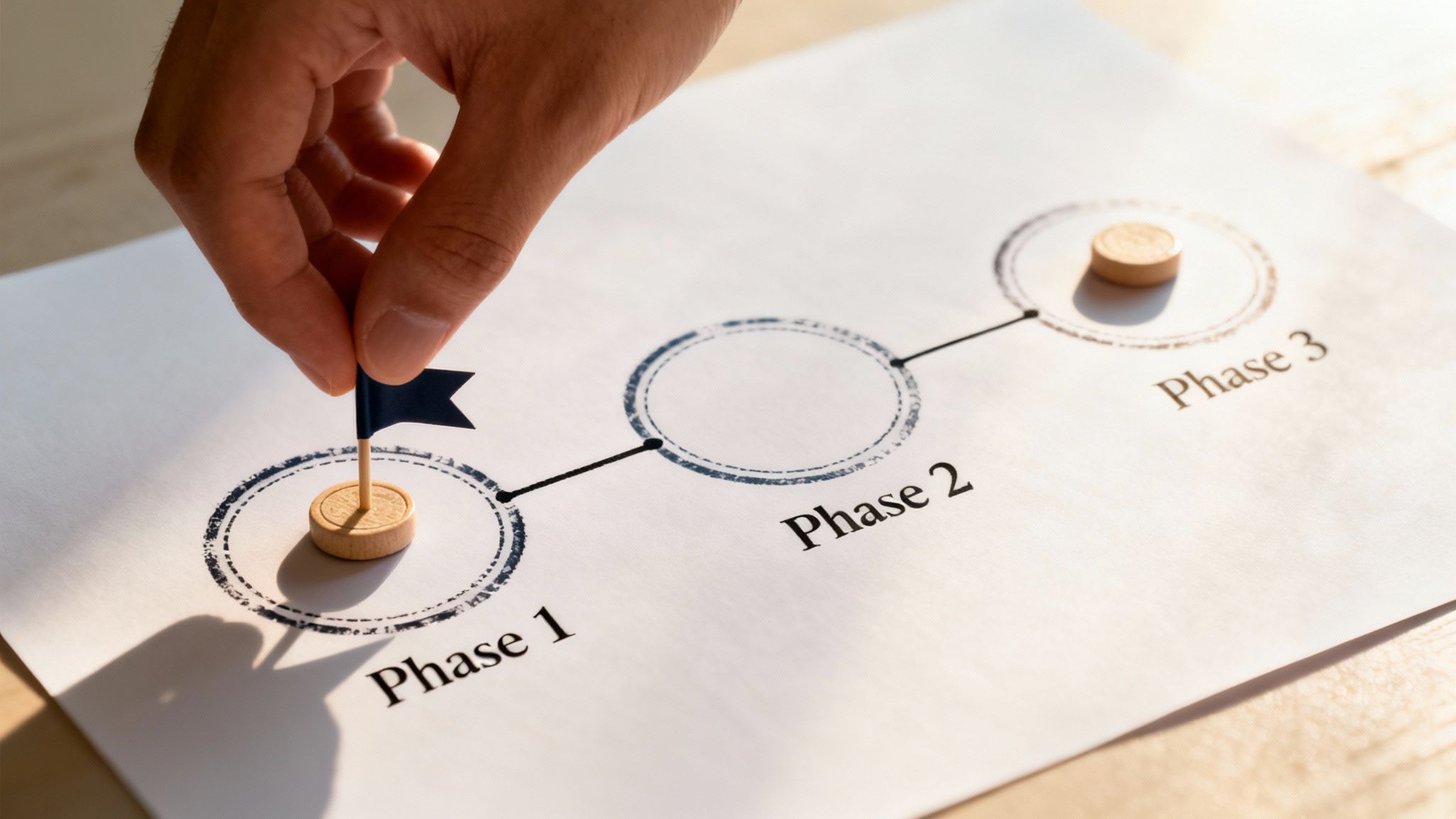 A hand places a blue flag on Phase 1 of a three-phase project roadmap diagram.