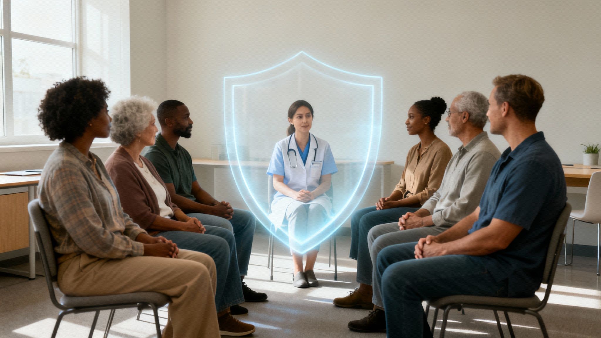 A female doctor sits amidst a diverse group in a circle, enclosed by a glowing blue shield.