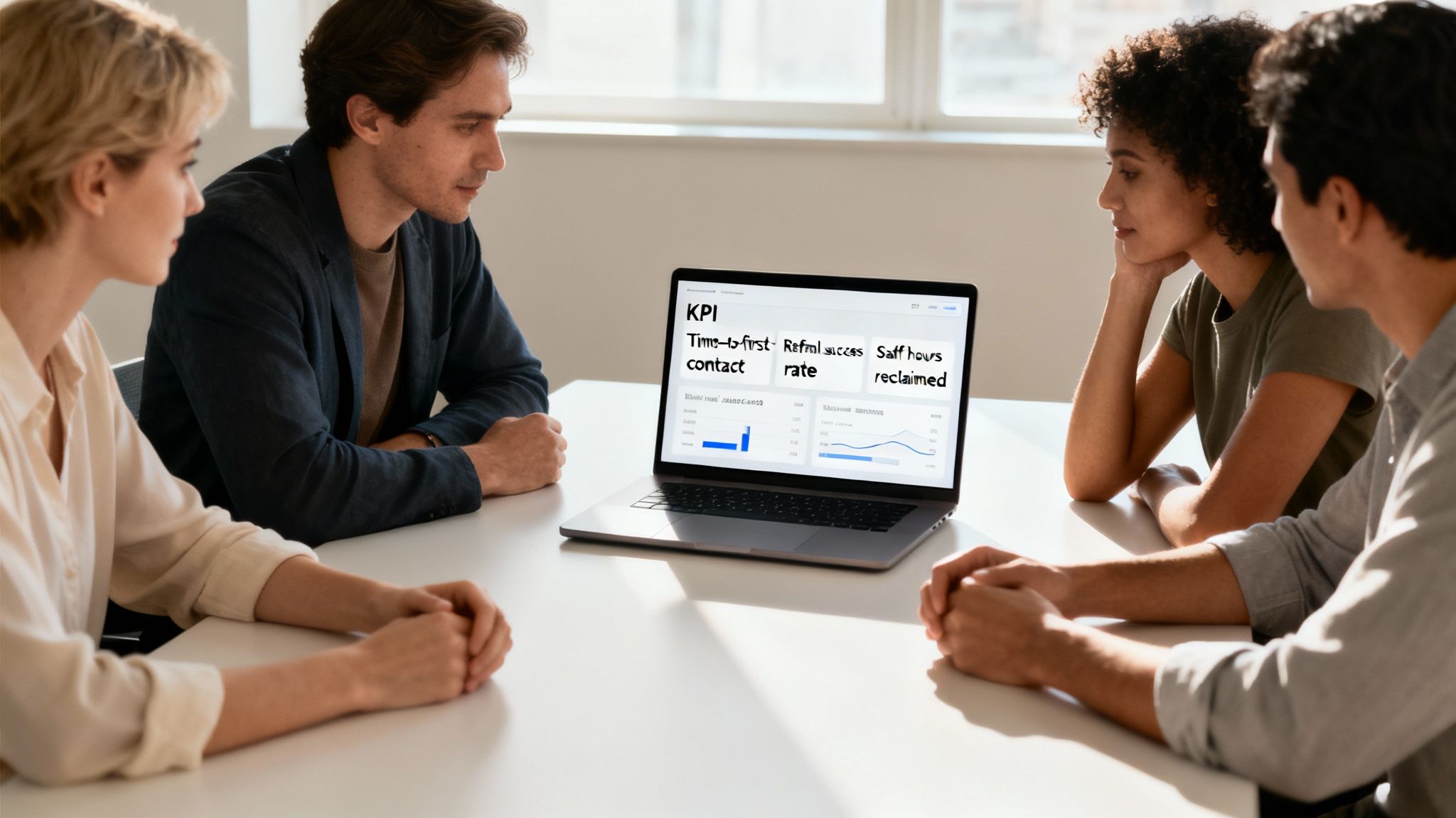 Four professionals analyze KPI data on a laptop screen, discussing business performance.