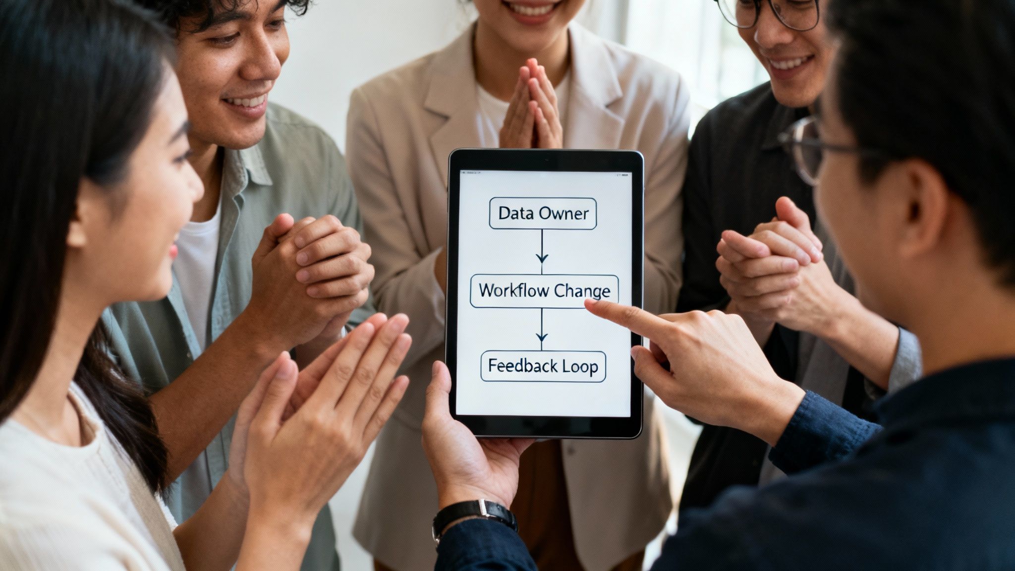 Diverse business team applauds a person pointing at a workflow diagram on a tablet during a meeting.