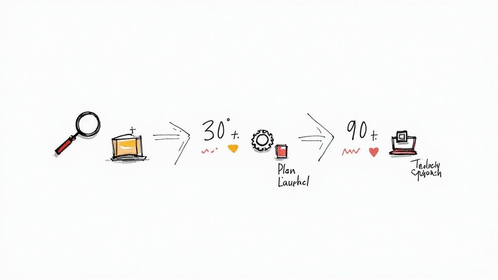 Hand-drawn strategic process diagram with magnifying glass, stages, and positive outcomes.