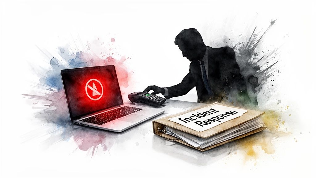 Silhouette of a person next to a laptop displaying an alert, with an 'Incident Response' binder.