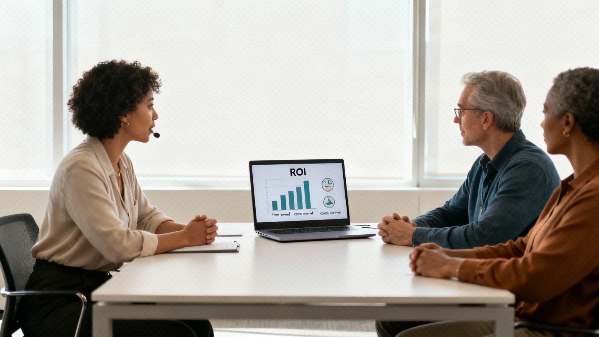 A financial advisor with a headset presents ROI data on a laptop to two clients in a bright meeting room.