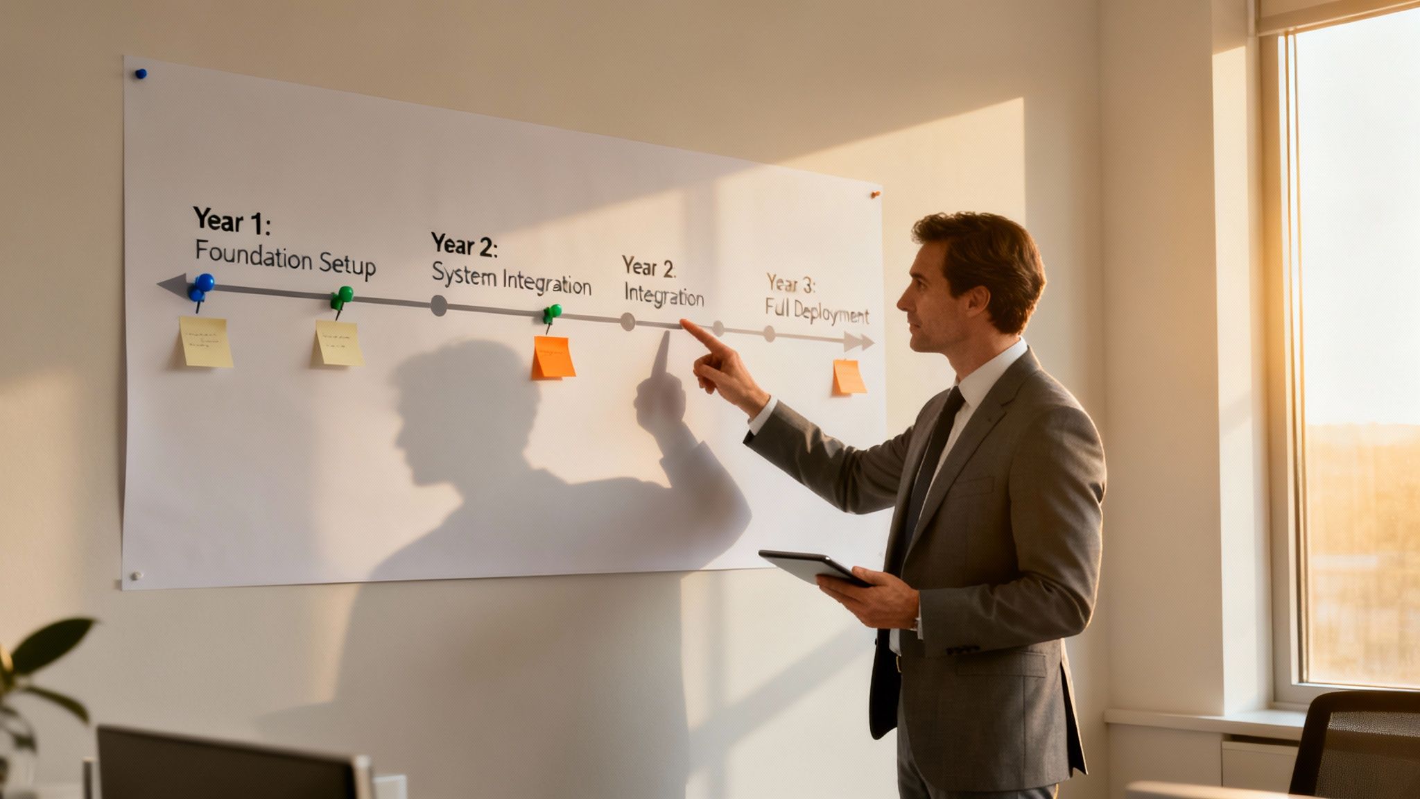 A professional man in a suit points at a whiteboard showing a three-year IT strategy and deployment timeline.