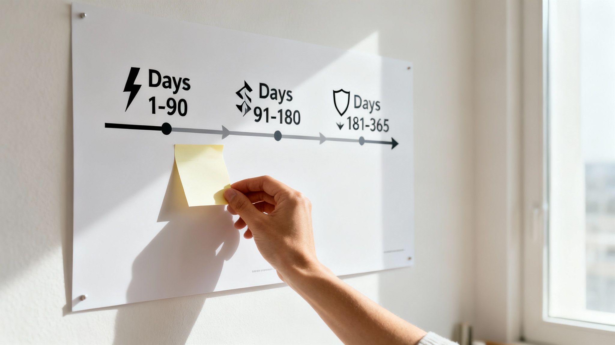 A hand places a yellow sticky note on a whiteboard outlining a 365-day project timeline.