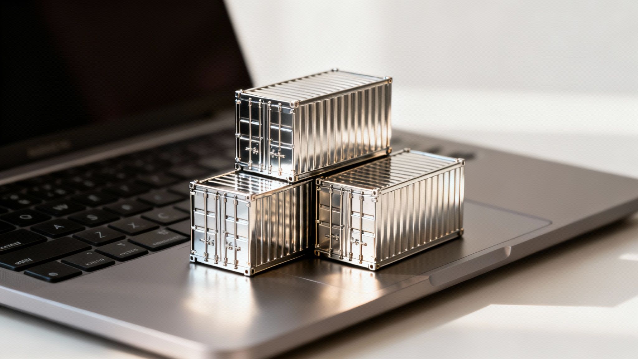 Three miniature silver shipping containers stacked on a laptop, symbolizing digital logistics, cloud services and IT cost reduction strategies.