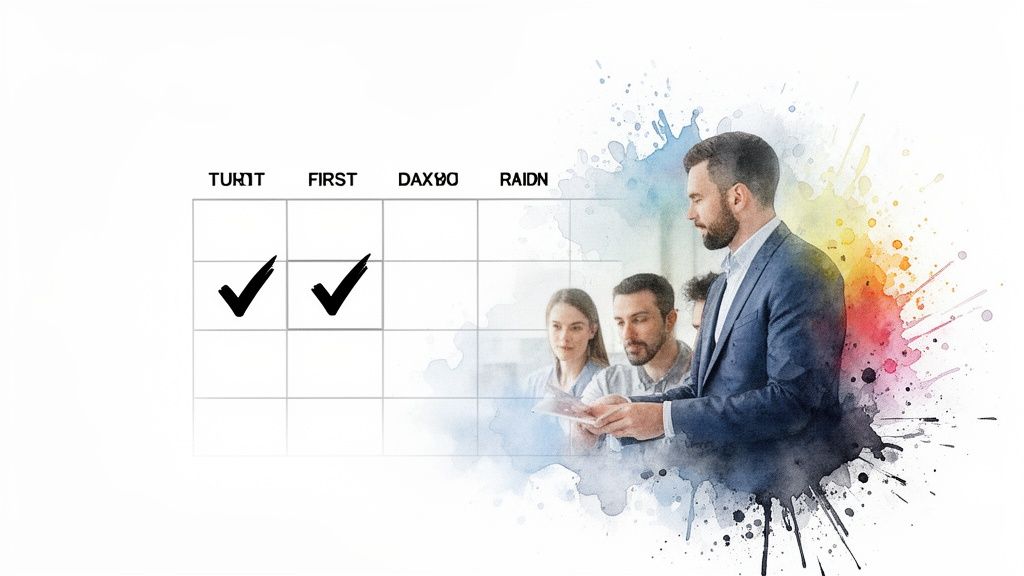Business professionals discuss documents next to a chart with checkmarks, featuring a watercolor effect.