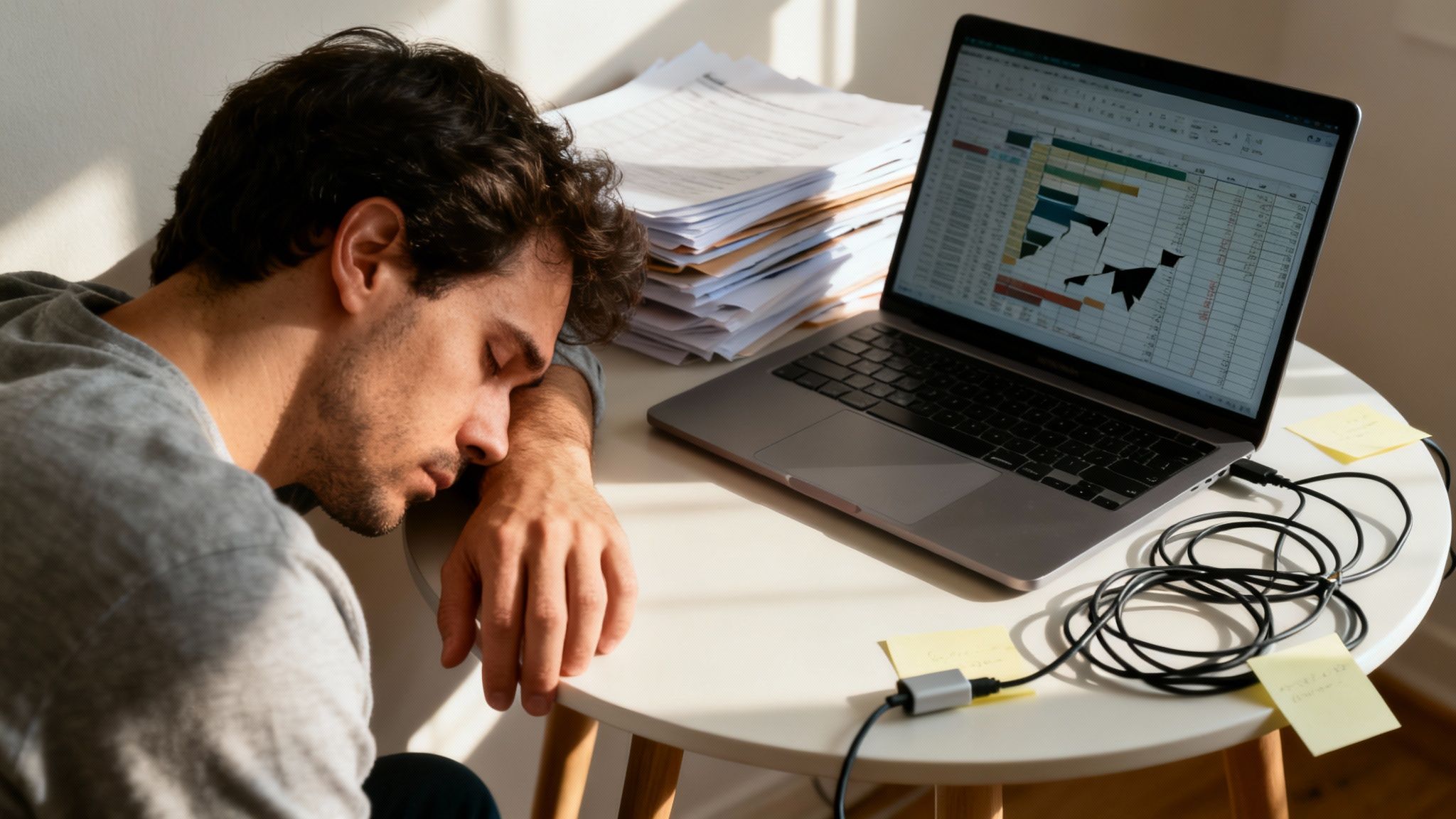A tired man sleeps on his desk, next to a laptop displaying a spreadsheet and a stack of papers who needs a virtual CIO services for justice focused leaders.