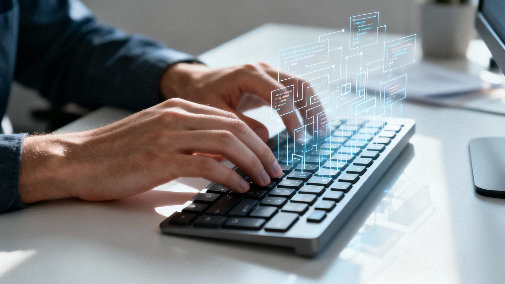 A person's hands are actively typing on a sleek keyboard, with futuristic blue coding interfaces floating above the keys.