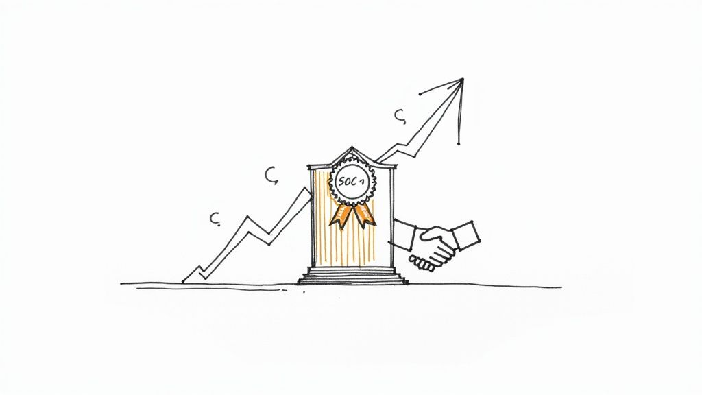 A sketch of a SOC 1 medal on a pillar, a rising graph, and a handshake, representing compliance and growth.