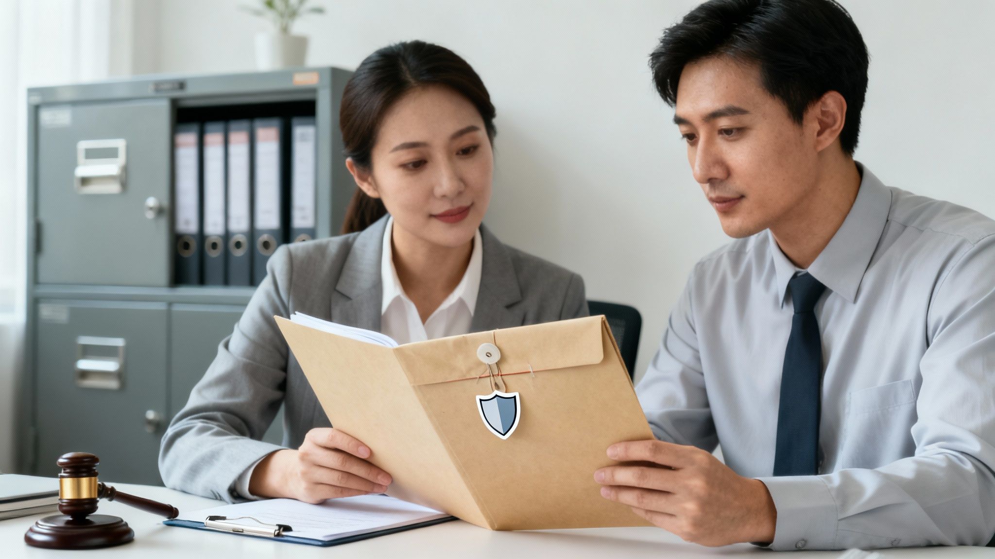 Two legal professionals review important documents in a secure brown envelope with a shield icon.