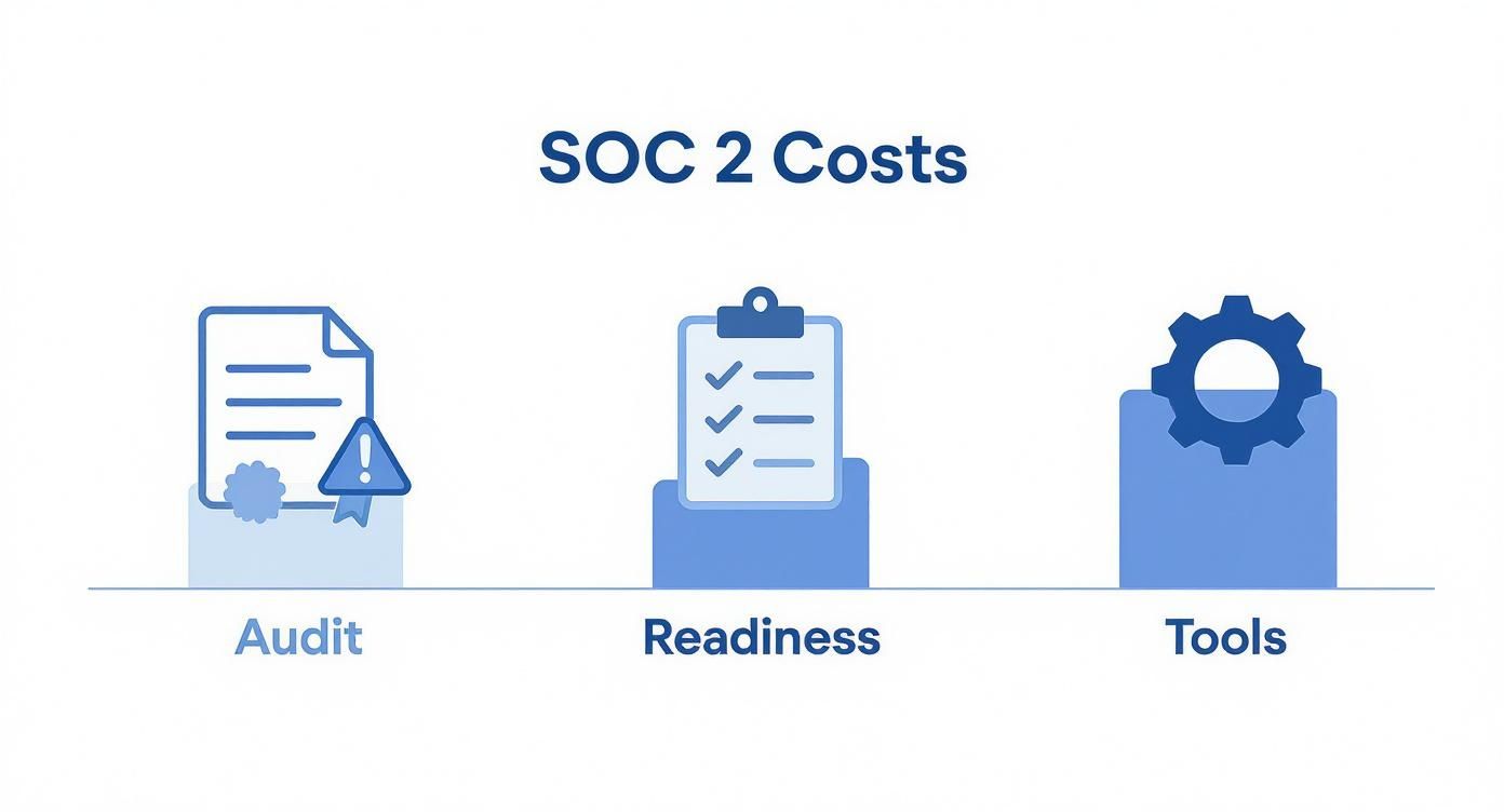 Infographic illustrating SOC 2 certification costs, categorized into audit, readiness, and tools.