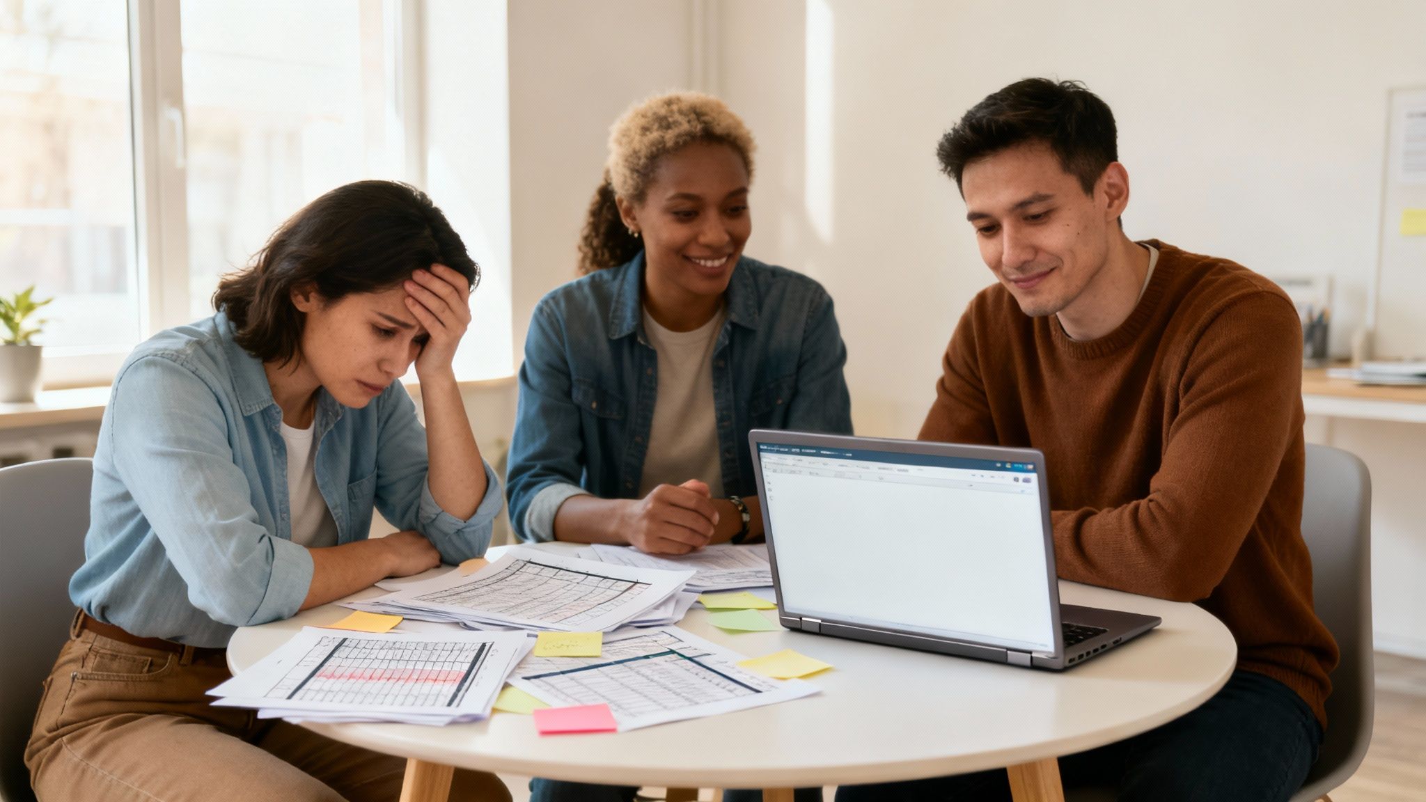 A diverse team collaborates on a project, with one member appearing overwhelmed amidst documents and a laptop.