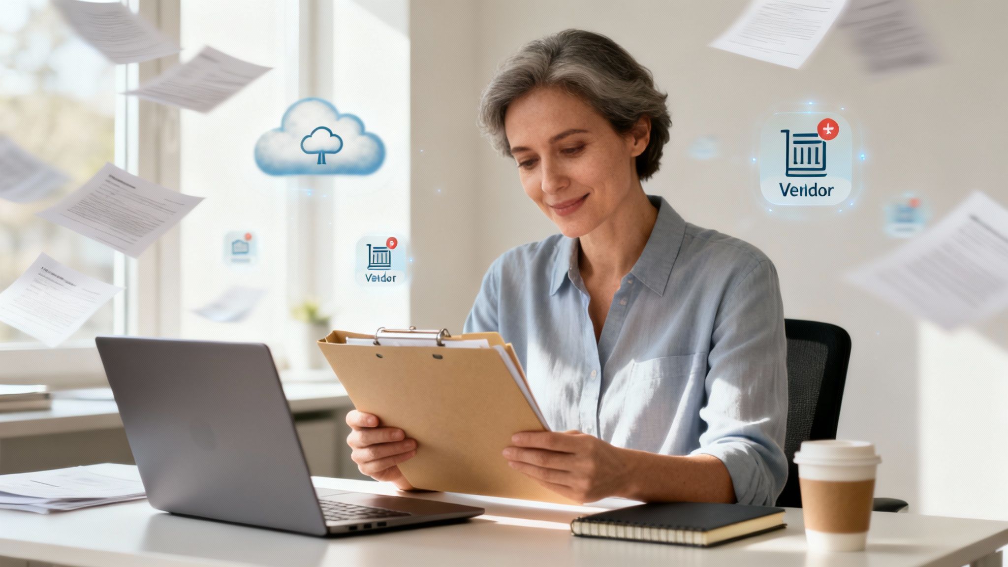Smiling woman reviews documents, surrounded by floating papers, cloud, and vendor management icons.