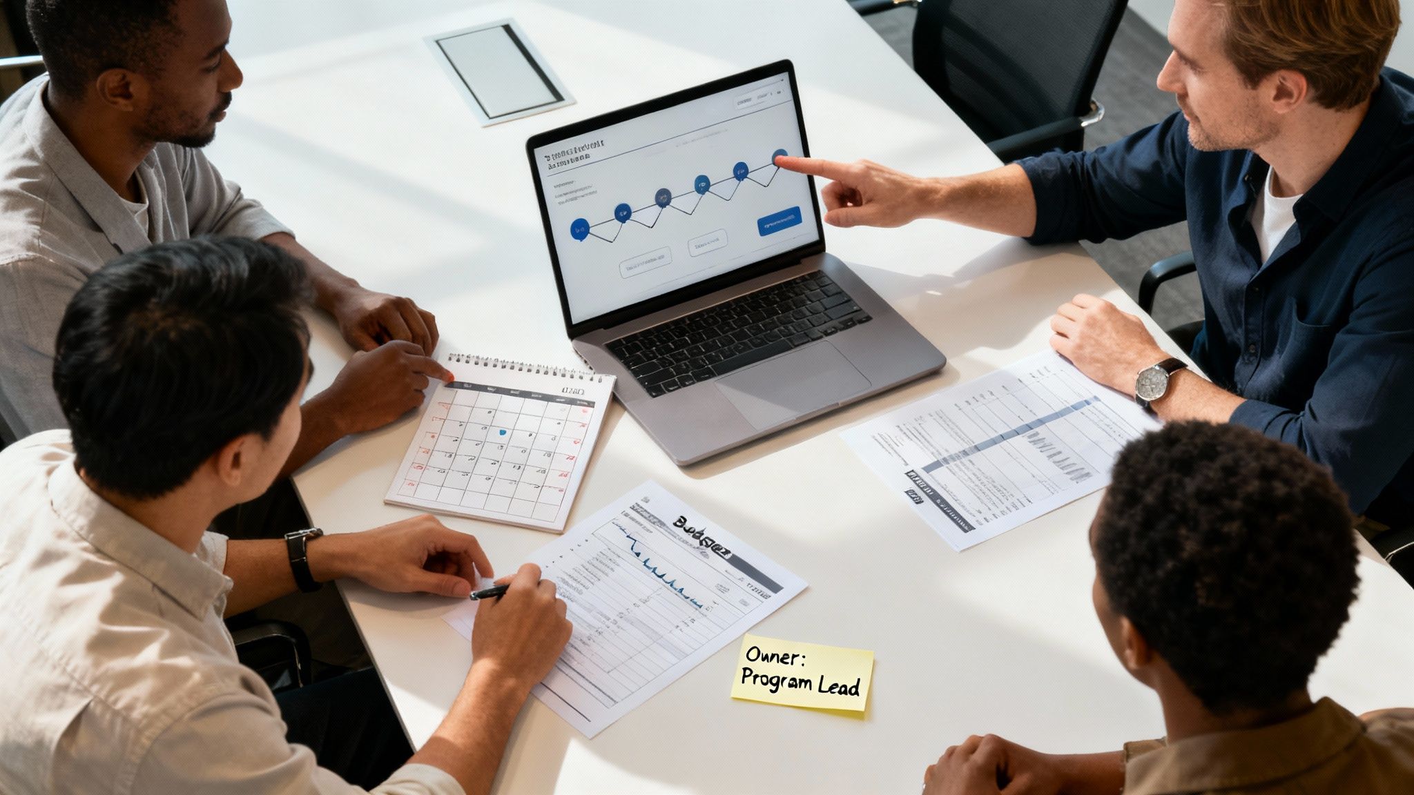 Four diverse professionals collaborate around a laptop, discussing a project roadmap and budget during a meeting.