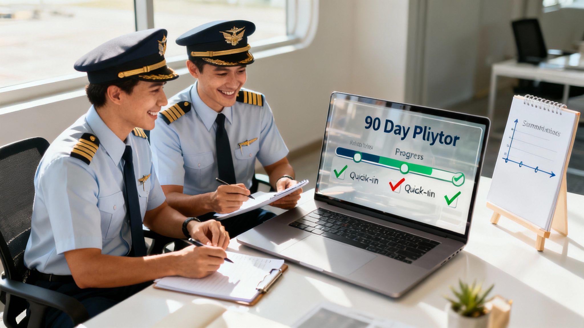 Two smiling pilots in uniform studying together at a desk with a laptop displaying progress.